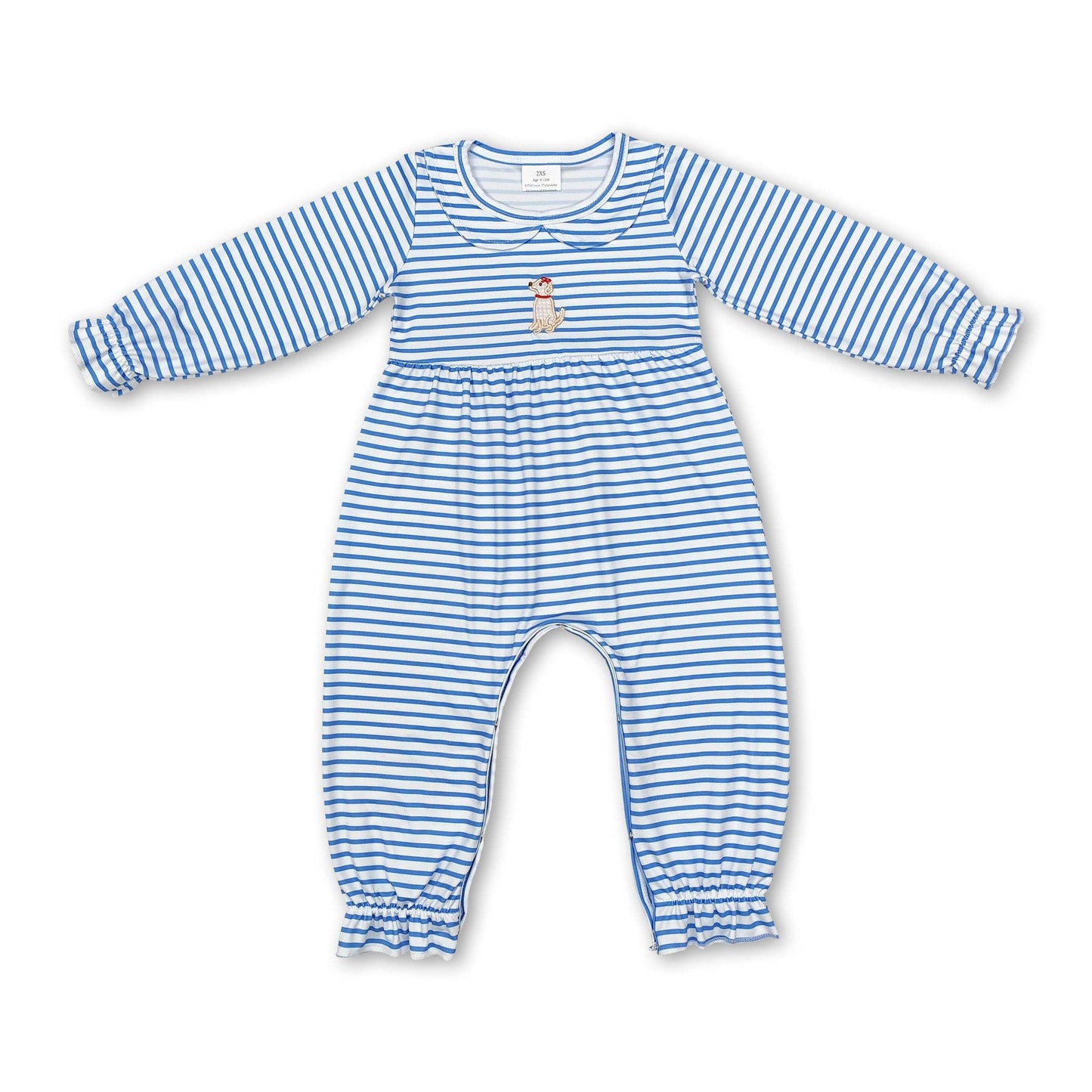 Blue stripe ruffle long sleeves dog baby girls romper