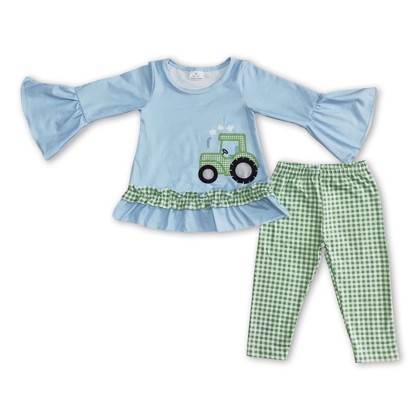 Light Blue Tractor Top Green Plaid Pants Boy & Girl Set