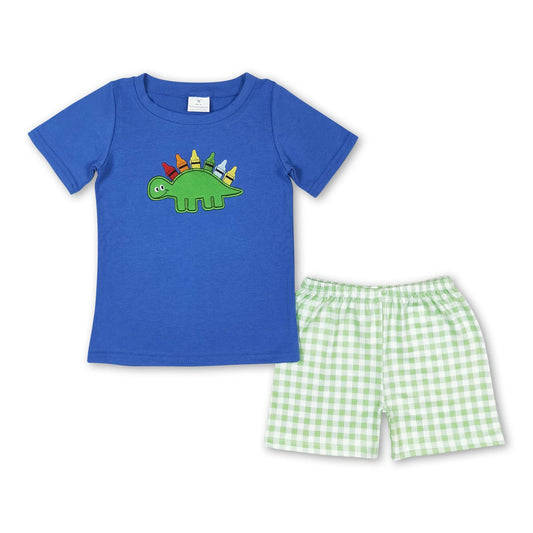 Dinosaur Crayon Top  Gingham Shorts Boys Back To School Set