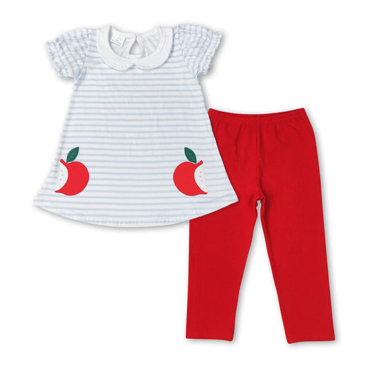 Stripe Apple Peter Pan Collar Tunic Red Leggings Girl Back To School Set