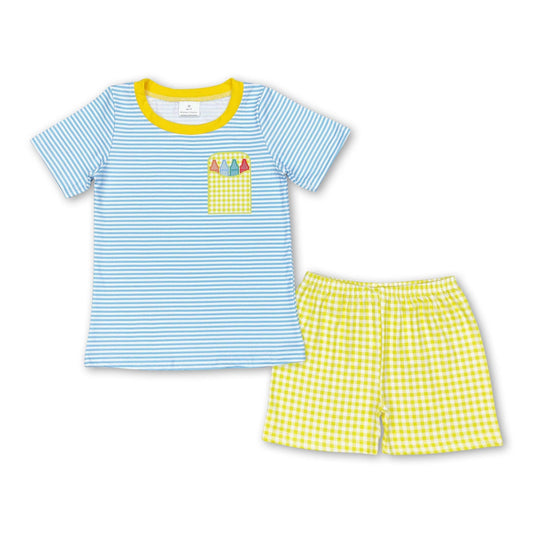 Short Sleeves Crayon Yellow Gingham Short Set Boys Back To School