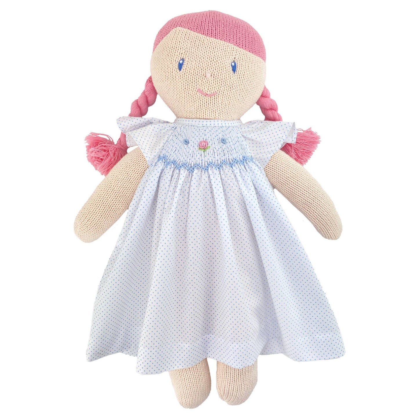 Knit Girl Doll with Blue Dot Smocked Dress