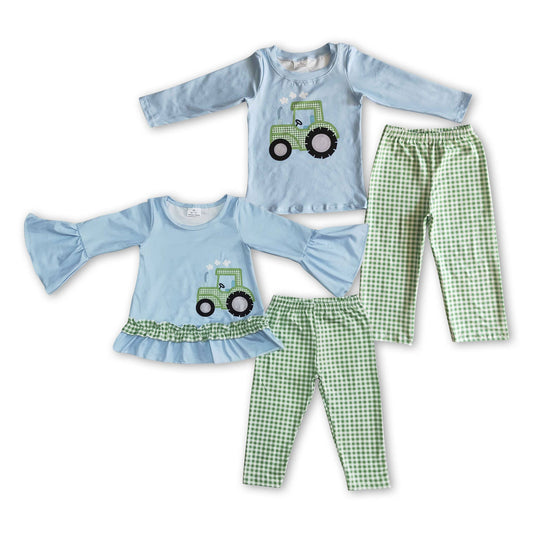 Light Blue Tractor Top Green Plaid Pants Boy & Girl Set