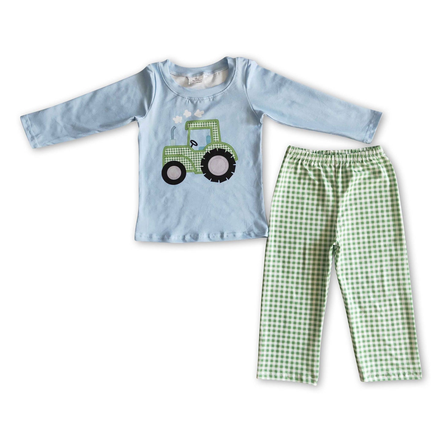 Light Blue Tractor Top Green Plaid Pants Boy & Girl Set